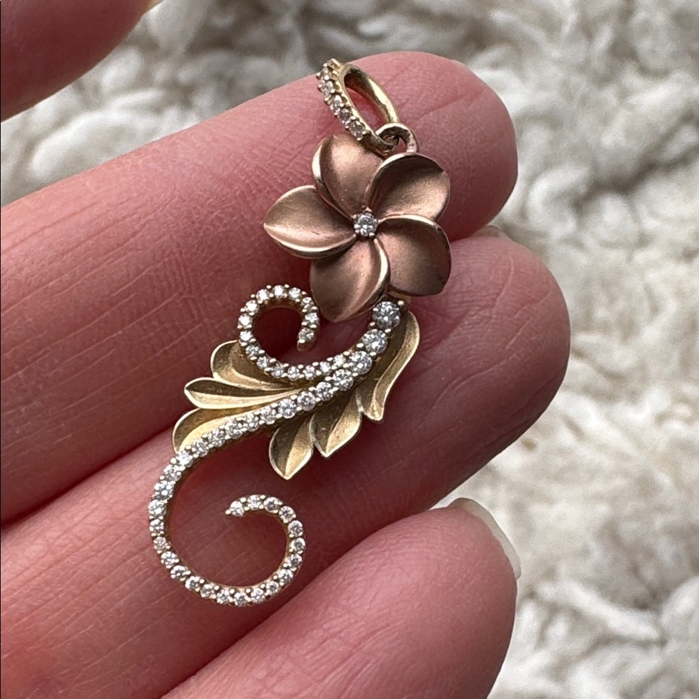 14K Plumeria Diamond Pendant - Picture 2 of 4